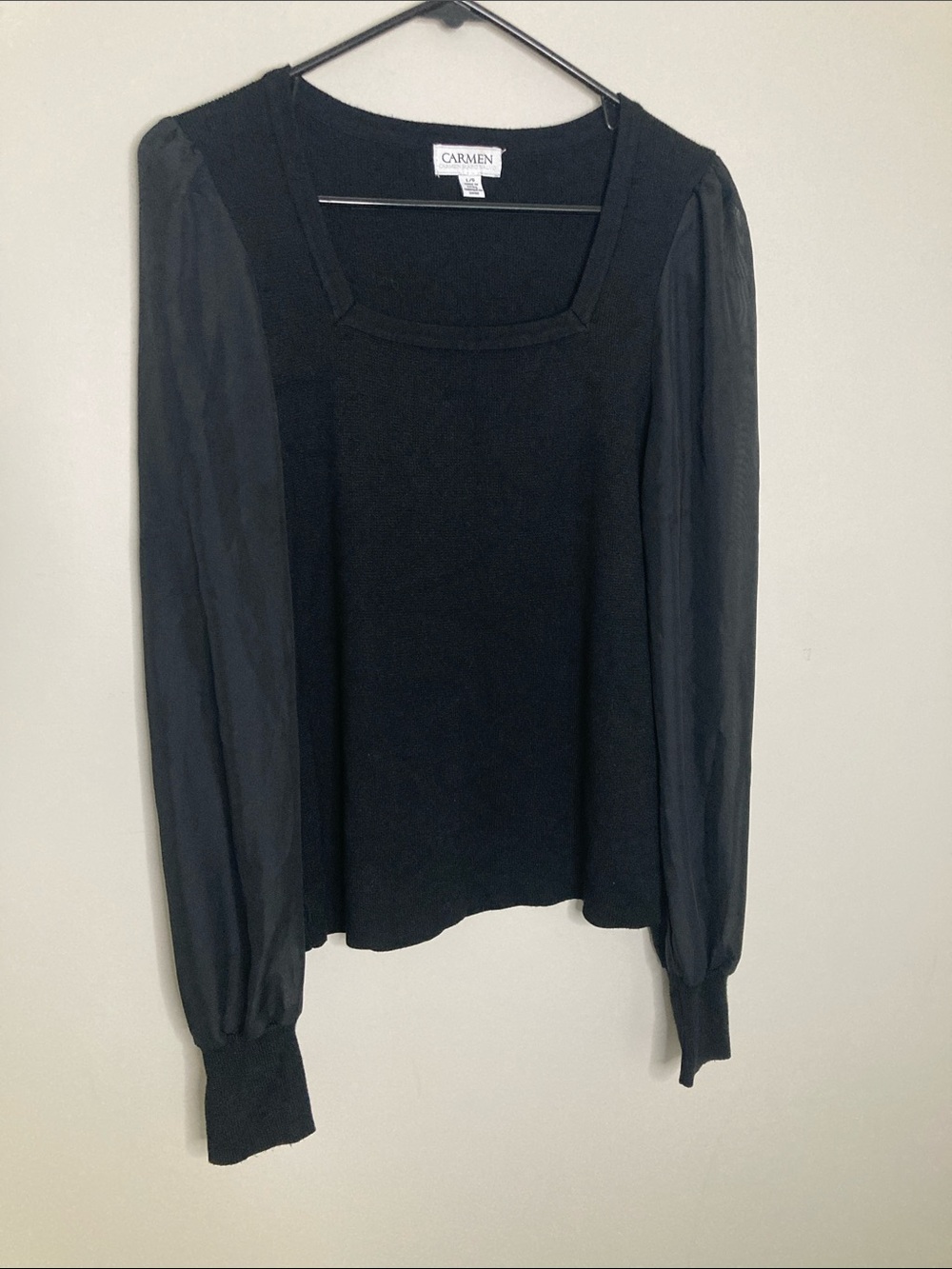 Carmen Marc Valvo Black Sheer Sleeve Sweater Top Square Neck